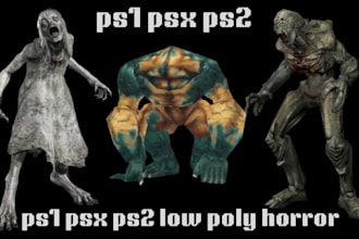 create creepy ps1 ps2 psx low poly 3d horror character zombie rig and animations