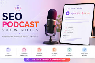 write SEO podcast show notes with timestamps and summaries