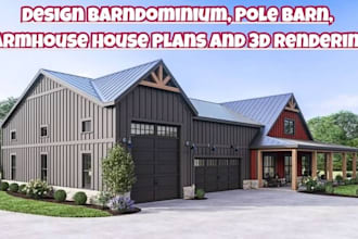 design barndominium, pole barn, farmhouse house plans and 3d rendering