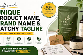 create a uniqe product name, brand name and catchy tagline