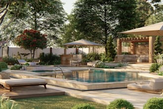 design landscape, terrace, backyard, pool, and patio