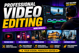 wil edit professional youtube videos,real esta reels, podcasts cine 4k videos