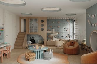 design a cgi montessori room,kids playroom interior, kindergarten room rendering