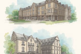 draw architectural sketches of buildings with watercolor