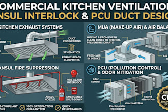 commercial kitchen ventilation hood ansul fire alarm mua duct pcu mep plan