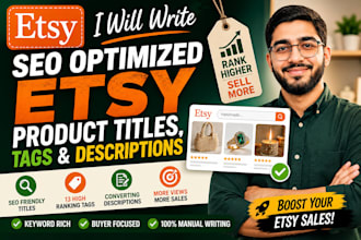 write SEO optimized etsy product titles, tags and descriptions