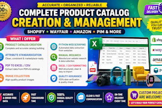 create complete product catalogs for shopify, wayfair, and amazon