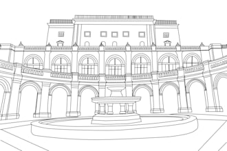 draw detailed line art or sketch illustration for building