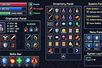 design pixel art UI, hud, icons and game interface