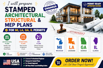 prepare stamped architectural, structural and mep plans for mi la ga il permit