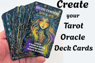 design a printable tarot and oracle card deck with guidebook and box