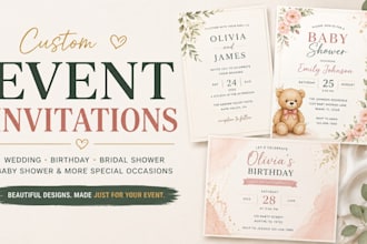 design custom wedding, birthday, bridal shower invitations, event stationery