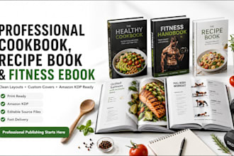design format digital cookbooks, recipe books, fitness ebooks with cover design