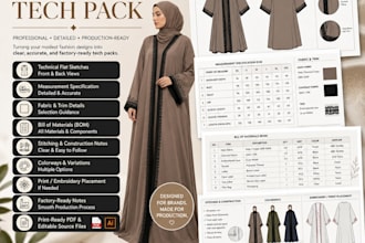 create abaya and modest fashion tech pack for production
