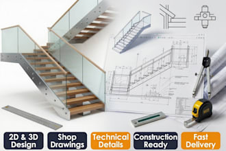 design 2d 3d staircase, stair detail, technical and shop drawings