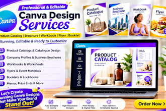 design canva editable product catalog, brand brochure, workbook, flyer, booklet