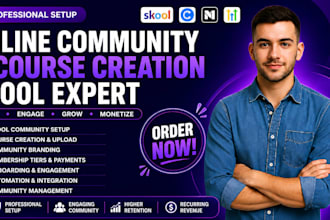 setup skool community, course creation, and online community manager