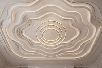 design 3d modern false celling, wall panels, chandelier with realistic render
