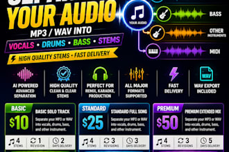 separate your mp3 or wav into vocals, drums, bass and stems