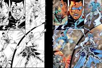 draw comic panels or webtoon scenes and story in full action and comic book