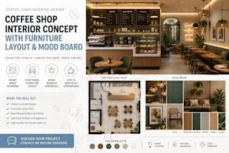 create coffee shop interior concept with furniture layout and mood board