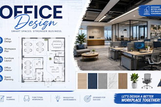 design office workspace, office interior, furniture layout and space planning