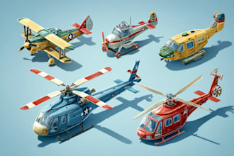 draw aircraft, airplane, helicopter into a vector cartoon