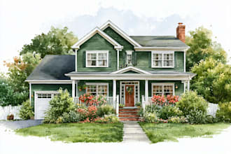 watercolor house portrait or buildings