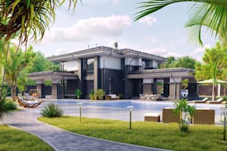 revamp tropical villa exterior, front elevation remodel, landscape design, cgi