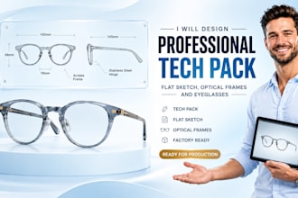 design professional tech pack, flat sketch, optical frames and eyeglasses