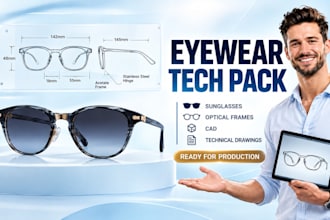 design eyewear tech pack, sunglasses, optical frames, cad, technical drawings