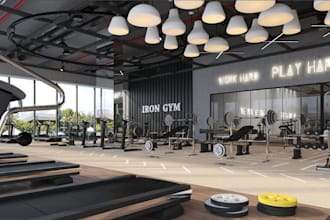 retrofit 3d commercial gym layout, indoor or outdoor fitness center, floor plan