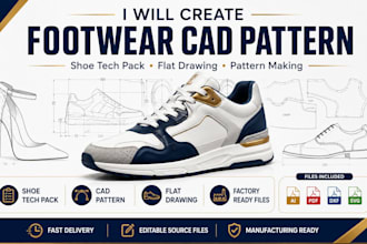 create footwear cad pattern, shoe tech pack and flat drawing