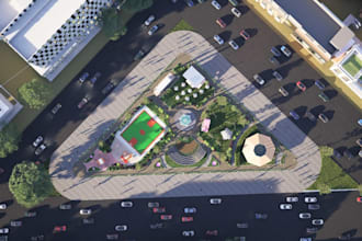 redesign urban landscape, park layout, basketball court,site plan render, aerial