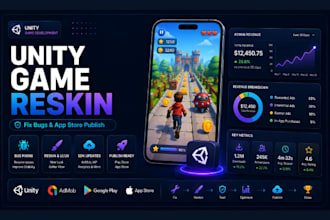 reskin your unity game development fix bugs and upload to app store with admob