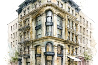sketch architecture building with watercolor rendering