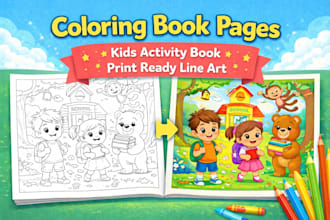 create kids colouring book pages, line art illustration  activity book designs