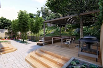 render japanese zen garden, bamboo landscape, deck lighting, backyard oasis, dwg