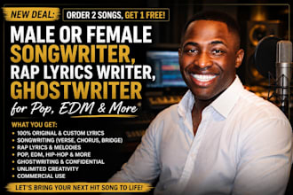 be your male or female songwriter, rap lyrics writer, ghostwriter for pop edm