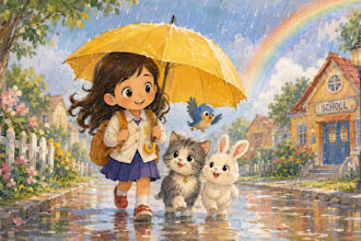 children whimsical watercolour book illustration, kids picture book cover kdp