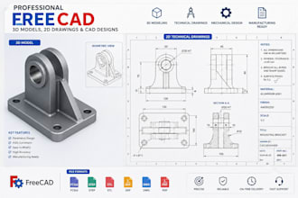create professional freecad 3d models, 2d drawings, and cad designs