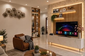 modernize 3d studio interior, bhk apartment, living room decor,tv unit rendering