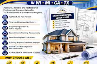create architectural review and letter structural engineering report in wi mi ga