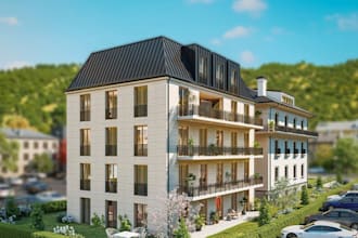 sketchup multi story building exterior,balcony, landscape, parking lot,d5 render