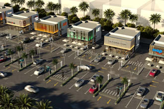 3d commercial drive thru complex,retail strip,restaurant design,exterior render