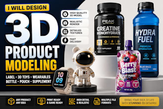 design 3d product label, 3d toys, wearables, bottle, pouch, supplement modeling