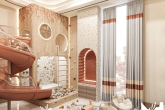 design kids room, playroom, 3d interior toddler room, nursery kids room