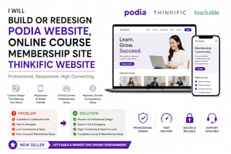 build or redesign podia website, online course membership site thinkific website