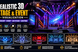 design realistic 3d stage, event stage, concert stage, 3d lighting, led stage