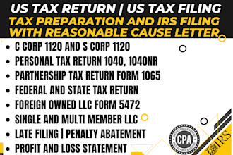 prepare and file US tax return, 1040, 1120, 1065, 5472, llc tax filing